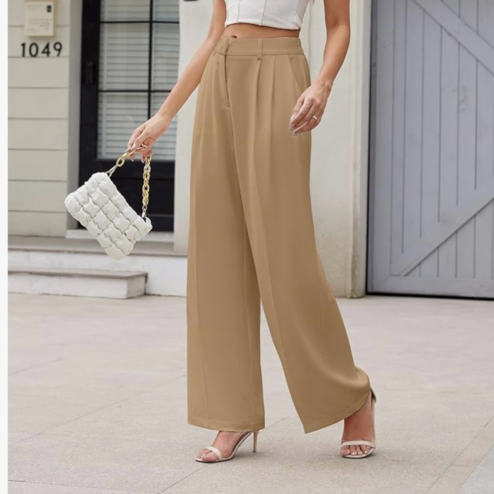 Womens High Waisted Pants Loose Fit Elastic Waist Pleated Front Trouser Sz L